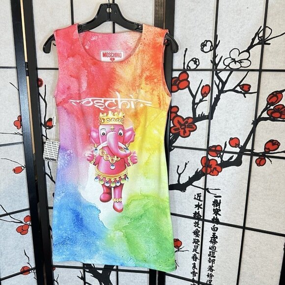 MOSCHINO COUTURE Crowned Tie-Dye Elephant Tank Mini Dress Sleeveless Size S - Picture 1 of 7